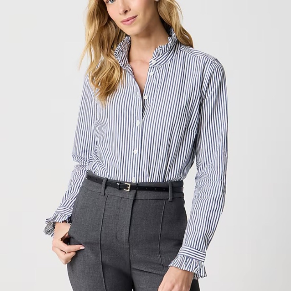 J. Crew Ruffleneck Button-Up  Long Sleeve Blue & White Shirt Women's Size XS